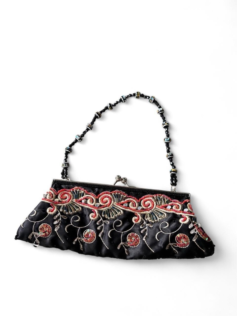 Aldo Black Satin Mini Bag with Coral and Gold Embroidery